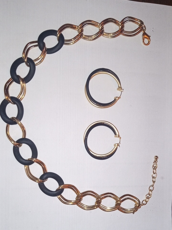 Jewelry - Gold and Black Link Necklace with Matching Hoop Earrings